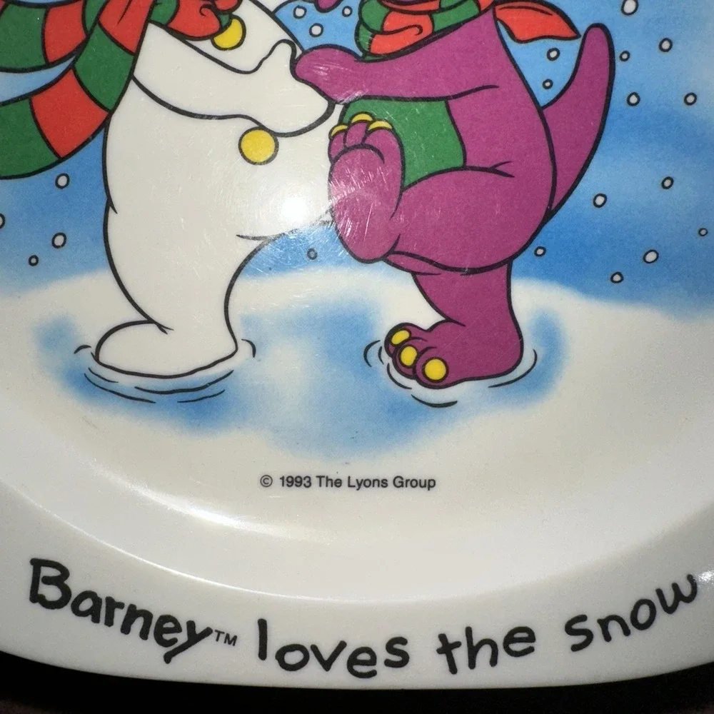 Barney Dinosaur Plate and Bowl 1993 Snowman‎ Snow Winter Loves to Play Vintage